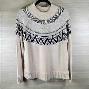 Cocobleu Fair Isle Pearl Embellished Cream and Blue Silver Sweater | Medium